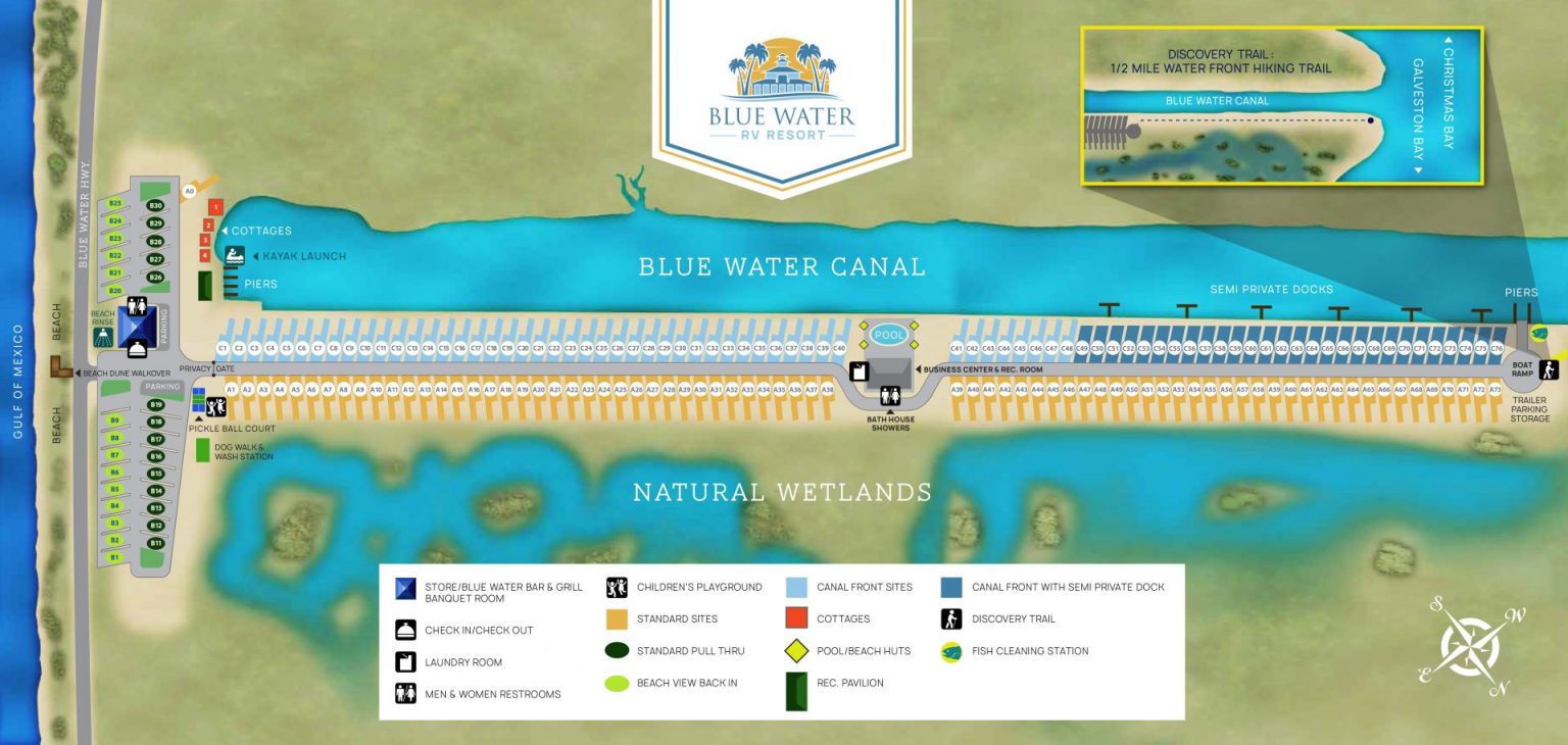 Blue Water RV Resort Park Map Beach Front Camping Freeport TX
